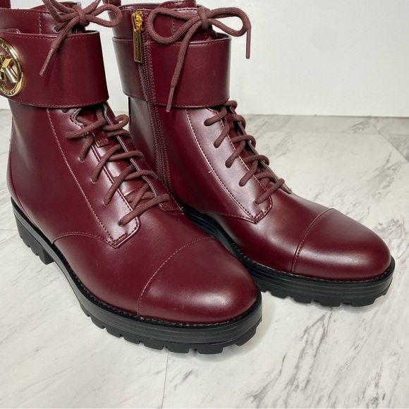New! Michael Kors Tatum Maroon Faux Leather Lace Up Combat Boot 9M - Picture 9 of 14